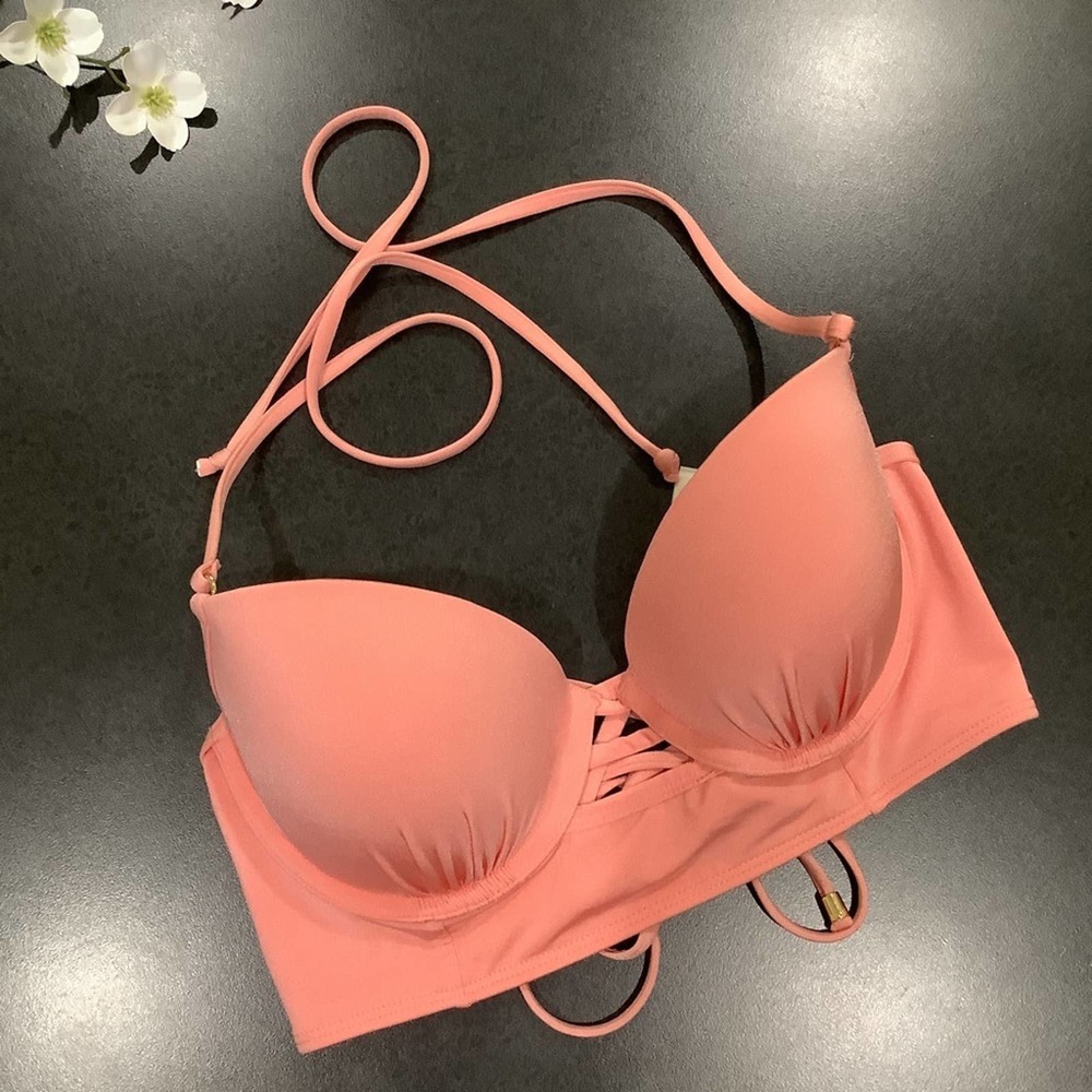 Abercrombie & Fitch Corset Back Padded Push Up Underwire Bikini Top Salmon Pink